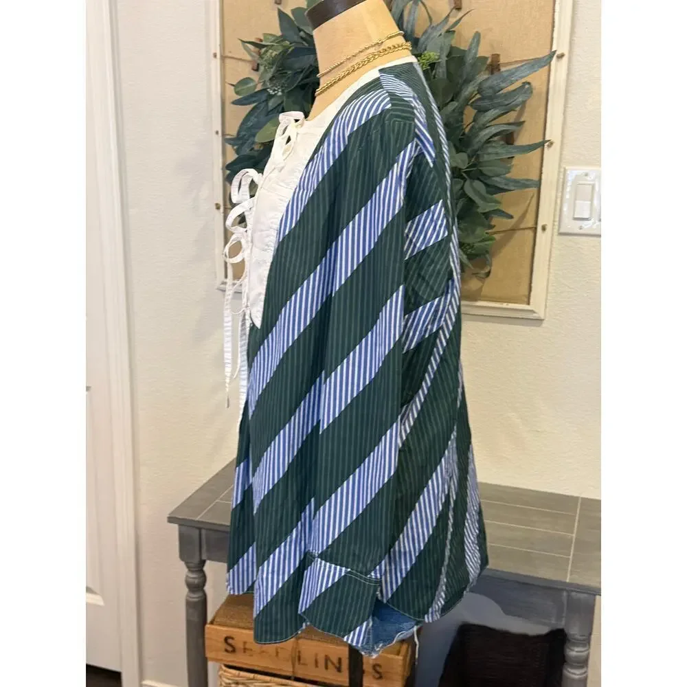 TORY BURCH Overprinted Tie-Front Top in Diagonal Stripe size 10 Blue Green